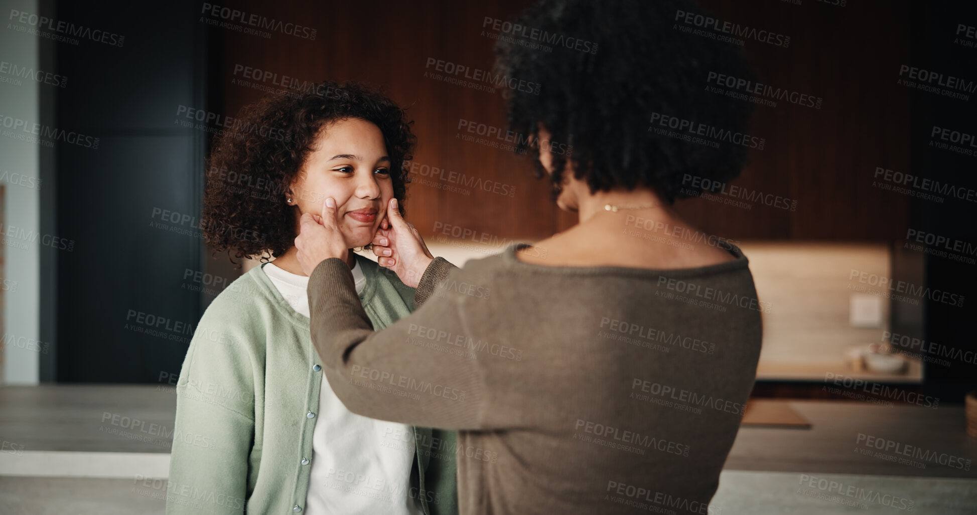 Buy stock photo Mom, child and care with family in home, happy and touch face for admiration with mother and daughter love. Squeeze cheeks, smile and relationship with woman and girl in kitchen, cherish or pride