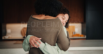 Buy stock photo Mom, child and home with hug, love or comfort for embrace, care or support together in kitchen. Daughter, kid or mothers day with affection or gratitude for bonding, safety or security in house