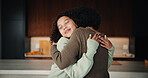 Mom, kid and home with hug, love or comfort for embrace, care or support together in kitchen. Daughter, child or mothers day with affection or gratitude for bonding, safety or security in house