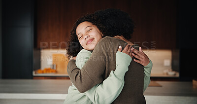 Buy stock photo Mom, kid and home with hug, love or comfort for embrace, care or support together in kitchen. Daughter, child or mothers day with affection or gratitude for bonding, safety or security in house