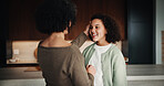 Mom, girl and happy with greeting in kitchen with touch, help and hair care with love in home. People, single mother and daughter with child for affection, smile and check hairstyle at family house