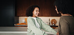 Family, holding hands and smile of daughter with mother in home kitchen for bonding or love. Connection, space and trust of excited girl with single parent woman in apartment for relationship