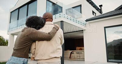 Buy stock photo Back view, couple and new home with hug outdoor, solidarity and support with property investment. Residence, real estate and homeowner people in relationship with growth, unity and house front lawn