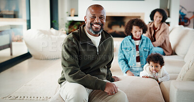 Buy stock photo Portrait, dad and man with family in lounge, love and mature parent with children on weekend in home. Happy, father and childcare with woman, African people and bonding  with kids in living room