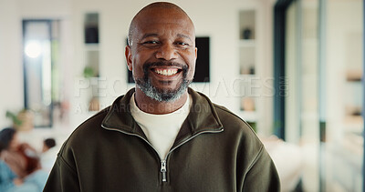 Buy stock photo Portrait, confident or man with smile in living room, weekend break or day off for positive attitude. Staycation, morning peace or mature person with happiness in home, free time or rest for wellness
