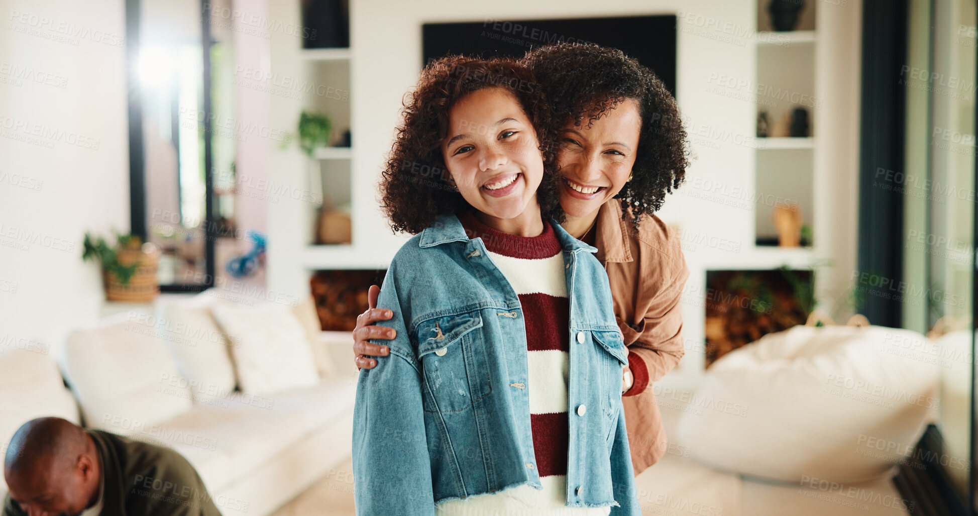 Buy stock photo Love, mom or girl in lounge with portrait, parent hug or bonding together on weekend break. Smile, trust or African family in home with embrace, connection or happy moment in healthy relationship.