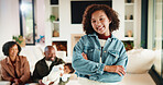 Portrait, relax and smile with girl in home living room with family for childhood, confidence or good mood. Break, positive attitude and happy child with parents for holiday, morning or weekend
