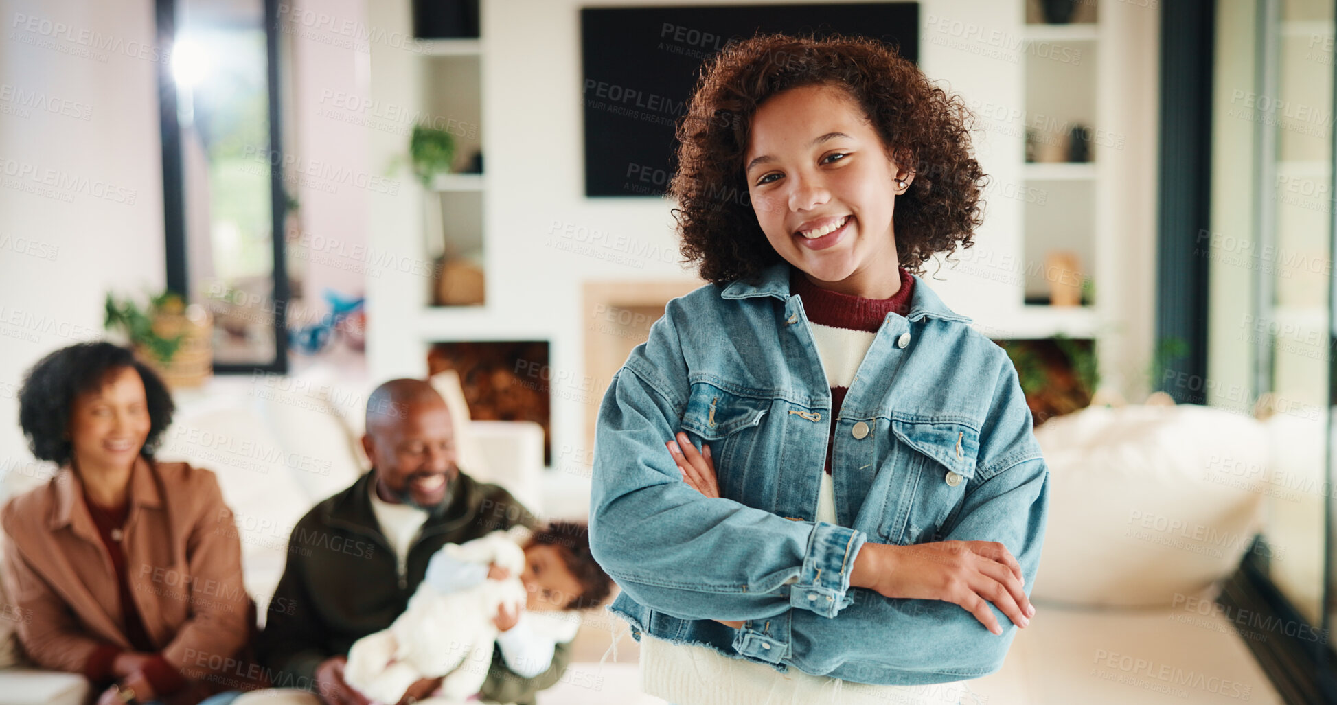 Buy stock photo Portrait, relax and smile with girl child in home living room with family for childhood, confidence or good mood. Arms crossed, break and happy kid with parents for holiday, morning or weekend