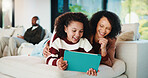 Happy, mom or child with tablet on sofa for entertainment, bonding or online subscription in home. Mother, daughter or kid with smile on technology or app for movie, show or cartoon together in house
