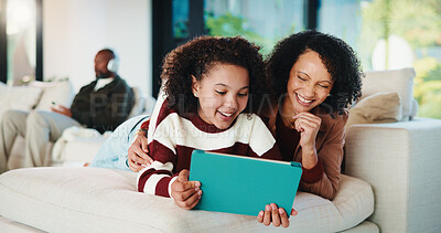 Buy stock photo Happy, mom and child with tablet on sofa for entertainment, bonding or online subscription in home. Mother, daughter and smile of kid with technology app for movie, show or cartoon together in house