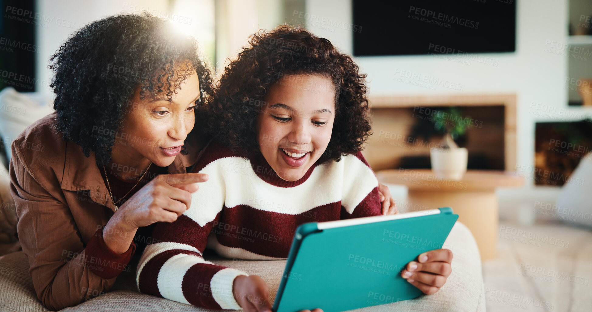 Buy stock photo Family, mom and girl with tablet in living room for movies, streaming or internet show for subscription. Woman, child and digital tech for entertainment, video and app in home for weekend together