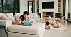 Tablet, relax and mother on sofa in home for watching movie, film or series with subscription. Happy, children and mom on digital technology for streaming show on app in living room at house.