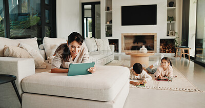 Buy stock photo Tablet, relax and mother on sofa in home for watching movie, film or series with subscription. Happy, children and mom on digital technology for streaming show on app in living room at house.