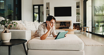 Buy stock photo Tablet, relax and woman on sofa in home for watching movie, film or series with subscription. Online, weekend and female person on digital technology for streaming show on app in living room at house
