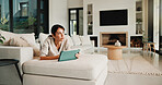 Tablet, thinking and woman on sofa in home for decision on movie, film or series with subscription. Planning, relax and female person on digital technology for streaming show on app in living room.