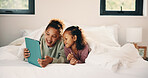 Smile, streaming and tablet with children on bed in home together for bonding or social media browsing. Happy, love and relax with sister kids in bedroom of apartment for development or growth