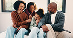 Parents, laugh and playing with kids in bedroom for fun, holiday break and bonding together. Smile, people and tickle children for excitement, weekend activity and parenthood with funny games in home