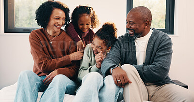 Buy stock photo Parents, laugh and playing with kids in bedroom for fun, holiday break and bonding together. Smile, people and tickle children for excitement, weekend activity and parenthood with funny games in home