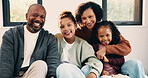Portrait, parents and smile with children at house for love, holiday break and bonding together. Happy, people and kids laughing with embrace, weekend activity and affection for parenthood in lounge
