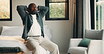 Man, stress and thinking in bedroom with problem, remember bad memories and vision of past crisis. Mature, black person and worry in home with regret, contemplating mistake and reflection for issue.