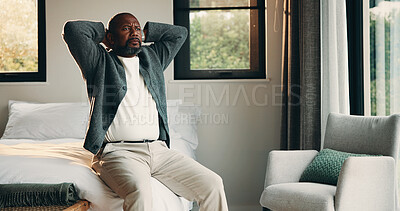 Buy stock photo Man, stress and thinking in bedroom with problem, remember bad memories and vision of past crisis. Mature, black person and worry in home with regret, contemplating mistake and reflection for issue.