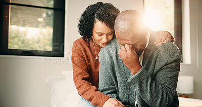 Buy stock photo Comfort, crying and wife with man in home for support, upset or mental health with job loss. Marriage, couple and woman hug husband with stress for bad news, financial crisis or unemployment in house