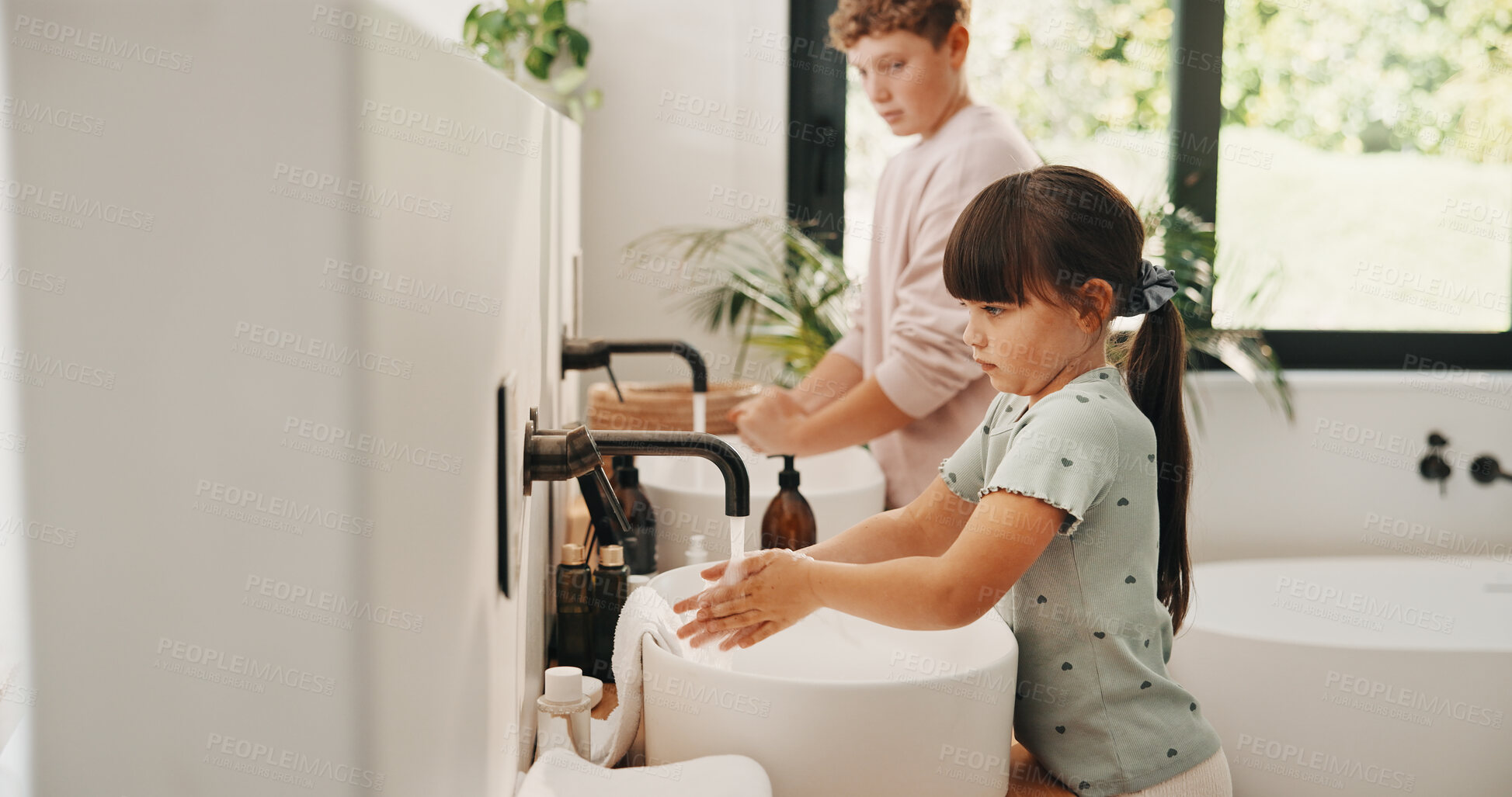 Buy stock photo Health, washing hands or kids in home for wellness, bacteria removal or hygiene in child growth. Safety, family or siblings with routine, virus prevention or disinfection in childhood development.