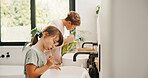 Dental, routine or children in home with toothbrush, cavity prevention or oral care in child growth. Wellness, teeth or kids with tool, bacteria reduction or hygiene habit in childhood development.