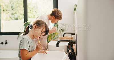 Buy stock photo Dental, routine or kids in house with toothbrush, cavity prevention or oral care in child growth. Wellness, teeth or family with tool, bacteria reduction or hygiene habit in childhood development.