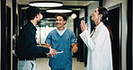 Happy, doctors and nurses in hospital with tablet, medical research or relief for patient diagnosis. Healthcare people, collaboration or discussion in clinic with tech, idea or smile for test results