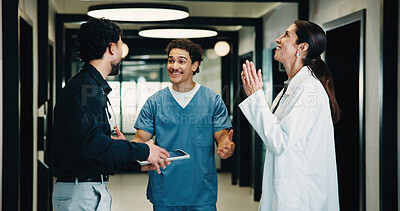 Buy stock photo Happy, doctors and nurses in hospital with tablet, medical research or relief for patient diagnosis. Healthcare people, collaboration or talk in clinic with tech, smile or good news for test results.