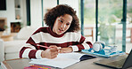 Laptop, writing and kid in house for elearning, online class or education with homework or quiz. Notes, tech and girl student with computer for virtual lesson with studying for test in apartment.