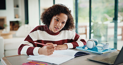 Buy stock photo Laptop, confused and kid in house for elearning, online class or education with homework or quiz. Notes, puzzled and girl student with computer for virtual lesson with studying for test in apartment.