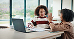 Happy, mom and girl with high five in home for education success, tutoring or learning together. Daughter, child or mother with smile, documents or homework for online lesson or achievement in house