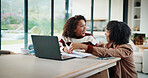 Laptop, elearning and mother helping kid in house for homework, studying or online class. Happy, explaining and mom with girl student for virtual lesson or education on computer in apartment.
