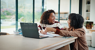 Buy stock photo Laptop, excited and mother helping kid in house for homework, studying or online class. Happy, elearning and mom with girl student for virtual lesson with correct answer on computer in apartment.
