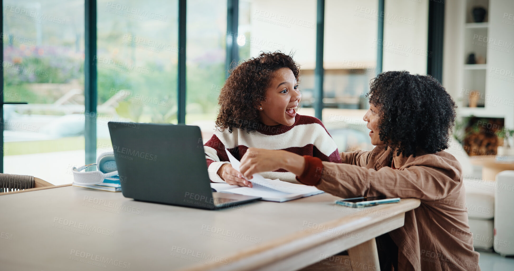 Buy stock photo Laptop, excited and mother helping kid in house for homework, studying or online class. Happy, elearning and mom with girl student for virtual lesson with correct answer on computer in apartment.