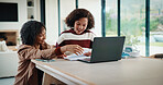Laptop, elearning and mom helping kid in house for homework, studying or online class. Technology, explaining and mother with girl student for virtual lesson or education on computer in apartment.