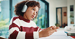 Writing, elearning and child with headphones on video call in home for online class with education. Thinking, counting and girl student with audio tech for virtual lesson with mathematics quiz.