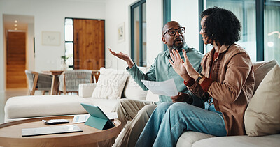 Buy stock photo Finance, argument and couple with paperwork in home, bankruptcy fight and investment disagreement. Conflict, mature and African people with tablet for transaction history, money dispute or debt bills