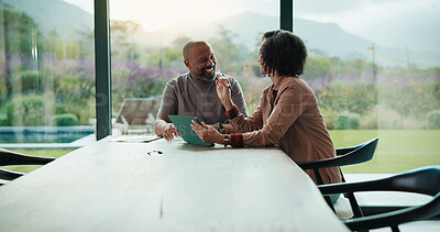 Buy stock photo Man, woman and tablet with taxes in home with smile, notes and talk with review for compliance. Happy couple, discussion and tech with app, paperwork and solution with investment report at apartment