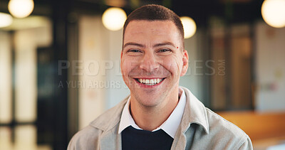 Buy stock photo Man, happy and portrait in lobby at hotel, realtor or business trip for property assessment. Person, real estate agent and investor with pride, confident or smile for building inspection in Australia