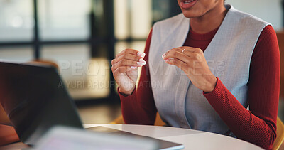 Buy stock photo Hands, laptop and video call for business conference in office and discussion on real estate. Person, virtual meeting and realtor with computer, explain or project management for property development