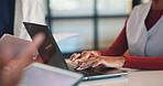 Hands, laptop and typing for report in office with proposal, notes and agenda at real estate agency. Person, advisor and realtor with computer, review or project management for property development