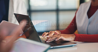 Buy stock photo Hands, laptop and typing for report in office with proposal, notes and agenda at real estate agency. Person, advisor and realtor with computer, review or project management for property development