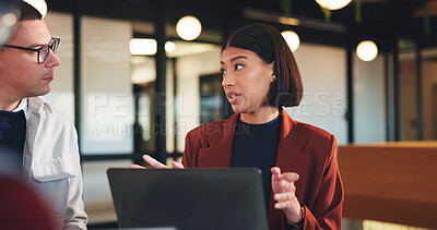 Buy stock photo Woman, laptop or night with team for project discussion, proposal or tasks together in office. Female person, employee or talking with group on computer in late evening for business deadline or ideas