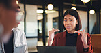 Woman, laptop or night with group for project discussion, proposal or tasks together in office. Female person, employee or talking with team on computer in late evening for business deadline or ideas