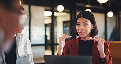 Buy stock photo Woman, laptop or night with group for project discussion, proposal or tasks together in office. Female person, employee or talking with team on computer in late evening for business deadline or ideas