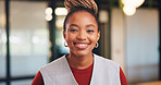 Smile, professional and portrait of business black woman in office for real estate agent, about us and pride. Happy, property developer and confidence with employee for realtor and consultant