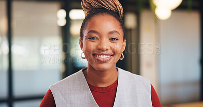 Buy stock photo Smile, professional and portrait of business black woman in office for real estate agent, about us and pride. Happy, property developer and confidence with employee for realtor and consultant